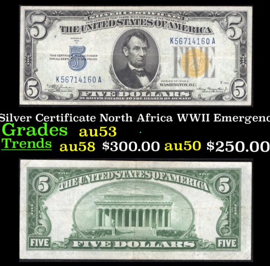 1934A $5 Silver Certificate North Africa WWII Emergency Currency Grades Select AU