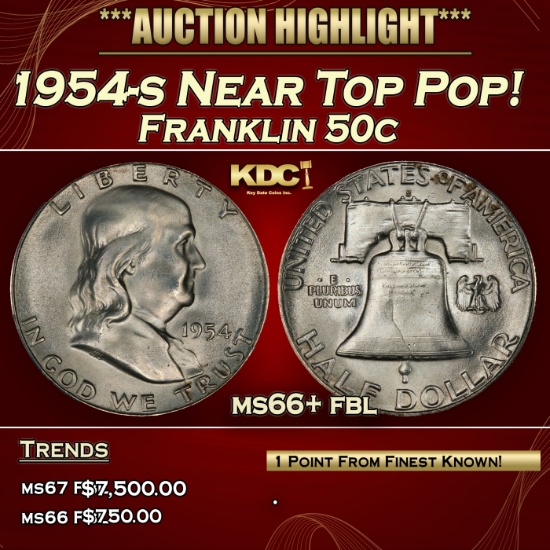 1954-s Franklin Half Dollar Near Top Pop! 50c ms66+ fbl SEGS