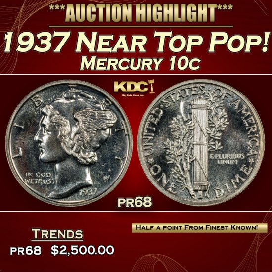 1937 Proof Mercury Dime Near Top Pop! 10c pr68 SEGS