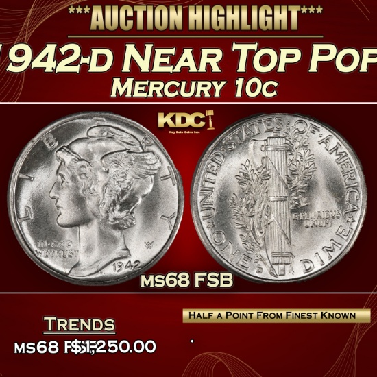 1942-d Mercury Dime Near Top Pop! 10c ms68 FSB SEGS