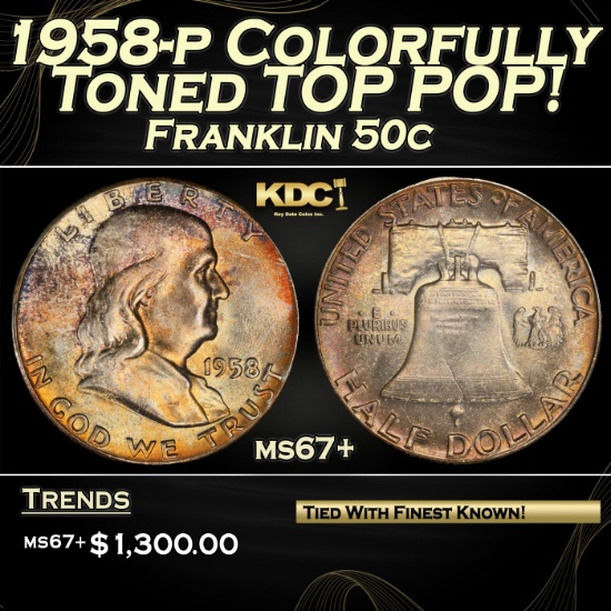 1958-p Franklin Half Dollar Colorfully Toned TOP POP! 50c ms67+ SEGS