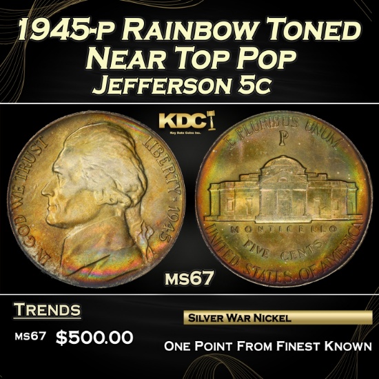 1945-p Jefferson Nickel Rainbow Toned Near Top Pop 5c ms67 SEGS