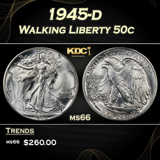 1945-d Walking Liberty Half Dollar 50c Grades GEM+ Unc