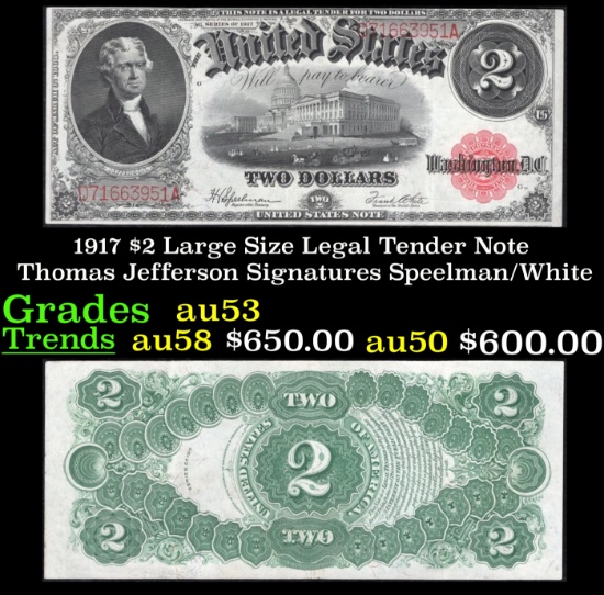 1917 $2 Large Size Legal Tender Note Thomas Jefferson Grades Select AU Signatures Speelman/White