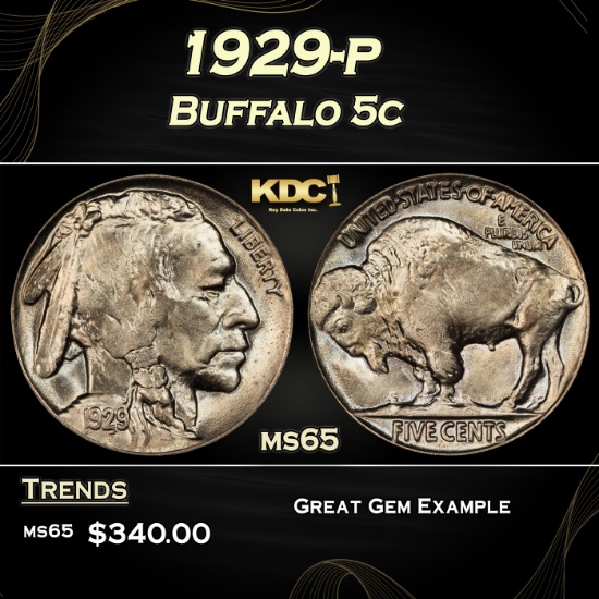 1929-p Buffalo Nickel 5c Grades ms65