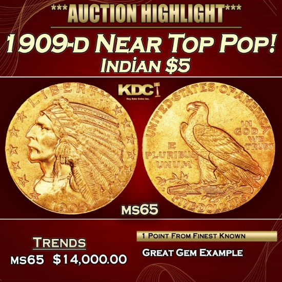 1909-d Gold Indian Half Eagle Near Top Pop! $5 GEM Unc USCG
