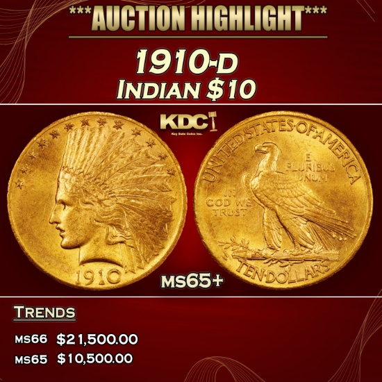 1910-d Gold Indian Eagle $10 ms65+ SEGS