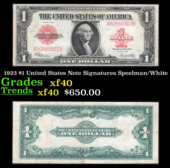 1923 $1 United States Note Grades xf Signatures Speelman/White