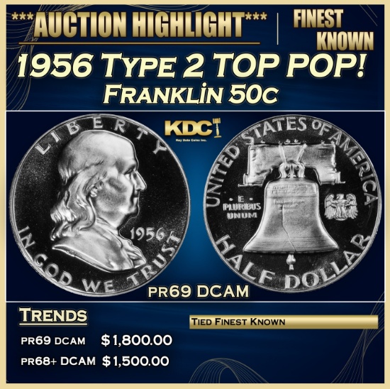 1956 Type 2 Proof Franklin Half Dollar TOP POP! 50c pr69 DCAM SEGS