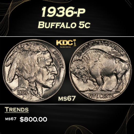 1936-p Buffalo Nickel 5c ms67 SEGS