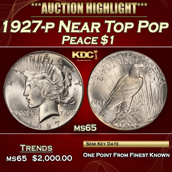 1927-p Peace Dollar Near Top Pop $1 ms65 SEGS