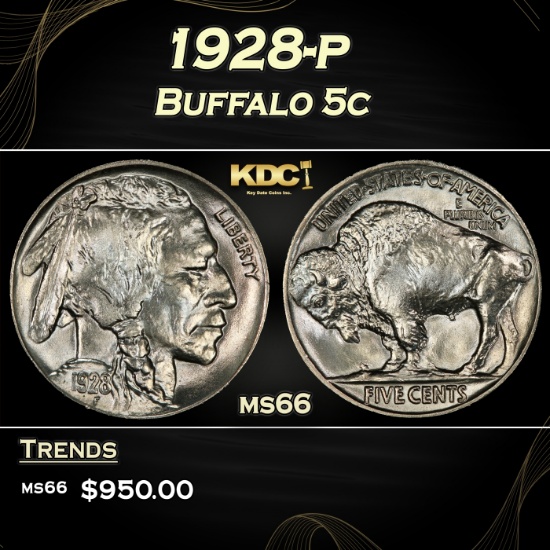 1928-p Buffalo Nickel 5c Grades ms66
