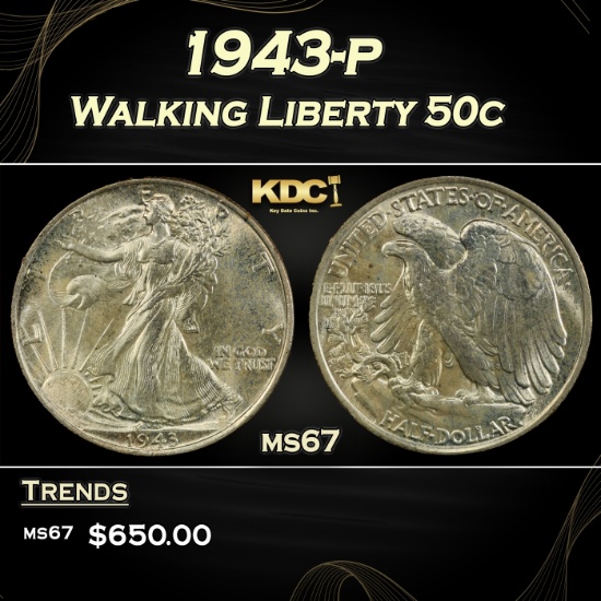 1943-p Walking Liberty Half Dollar 50c ms67 SEGS