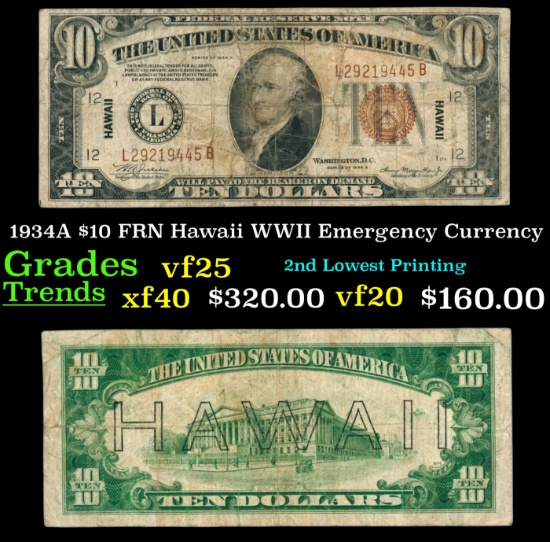 1934A $10 FRN Hawaii WWII Emergency Currency Grades vf+