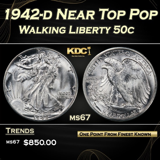 1942-d Walking Liberty Half Dollar Near Top Pop 50c ms67 SEGS