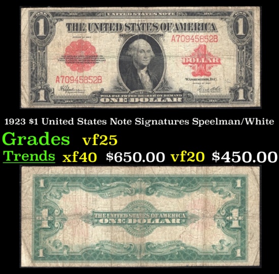 1923 $1 United States Note Grades vf+ Signatures Speelman/White