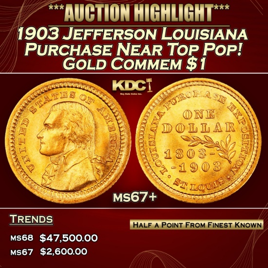 1903 Jefferson Louisiana Purchase Gold Commem Dollar Near Top Pop! 1 ms67+ SEGS