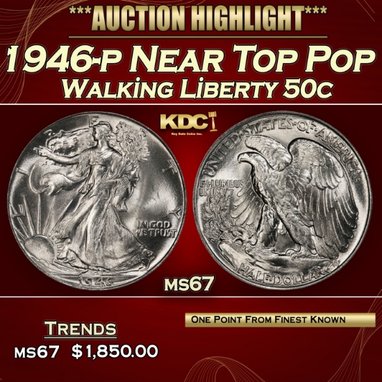 1946-p Walking Liberty Half Dollar Near Top Pop 50c ms67 SEGS