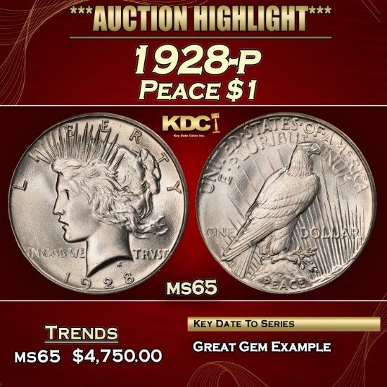 1928-p Peace Dollar $1 ms65 SEGS