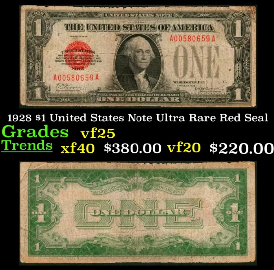 1928 $1 United States Note Ultra Rare Red Seal Grades vf+