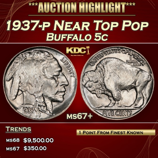 1937-p Buffalo Nickel Near Top Pop 5c ms67+ SEGS