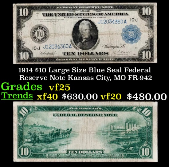 1914 $10 Large Size Blue Seal Federal Reserve Note Kansas City, MO Grades vf+ FR-942