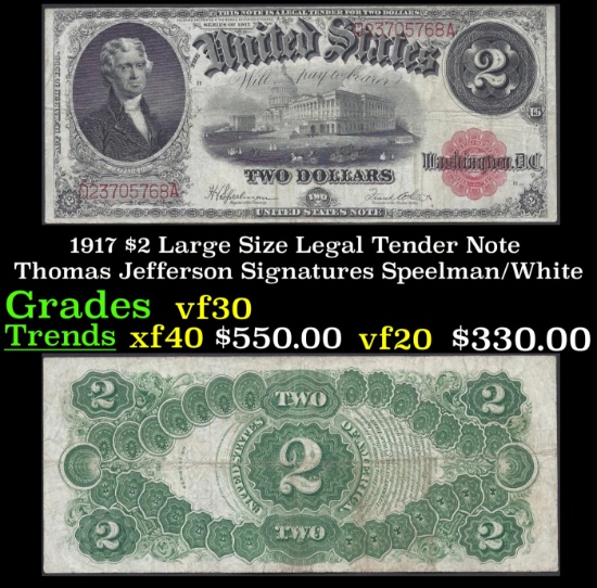 1917 $2 Large Size Legal Tender Note Thomas Jefferson Grades vf++ Signatures Speelman/White
