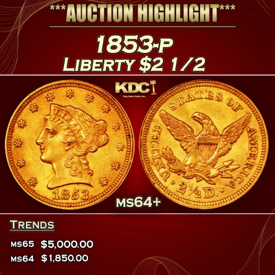 1853-p Gold Liberty Quarter Eagle $2 1/2 ms64+ SEGS