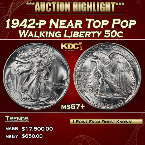 1942-p Walking Liberty Half Dollar Near Top Pop 50c ms67+ SEGS