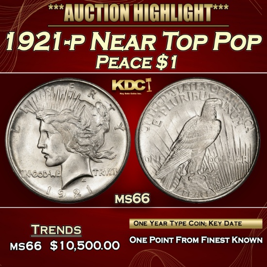 1921-p Peace Dollar Near Top Pop $1 ms66 SEGS