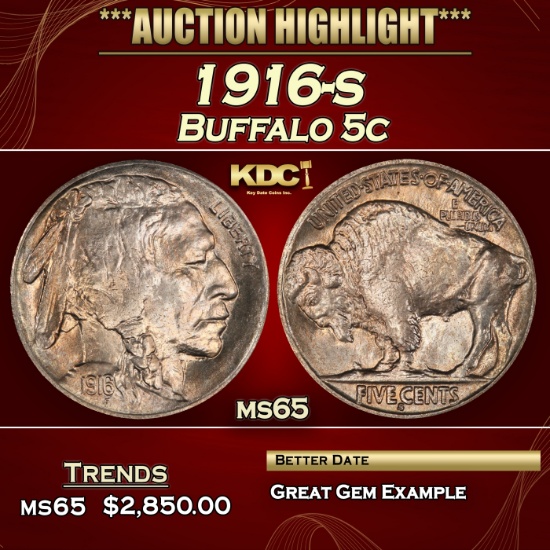 1916-s Buffalo Nickel 5c ms65 SEGS