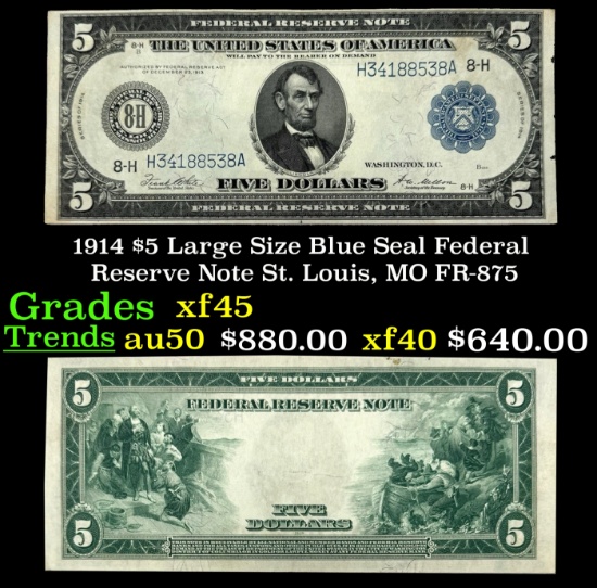 1914 $5 Large Size Blue Seal Federal Reserve Note St. Louis, MO Grades xf+ FR-875