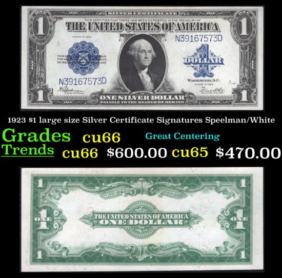 1923 $1 large size Silver Certificate Grades Gem+ CU Signatures Speelman/White