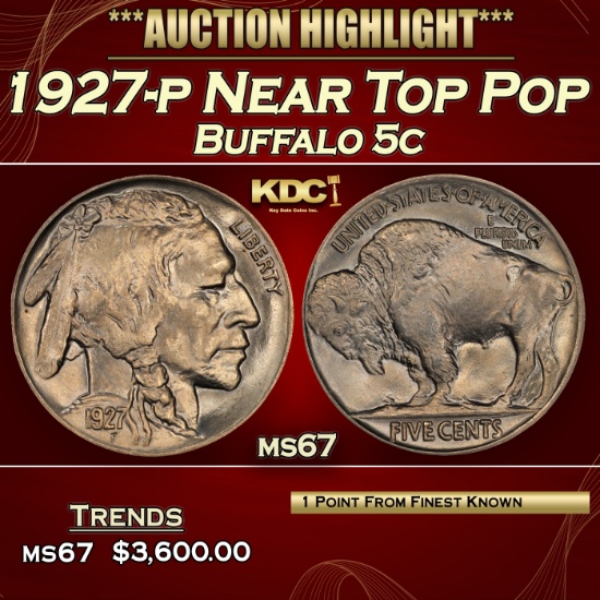 1927-p Buffalo Nickel Near Top Pop 5c ms67 SEGS