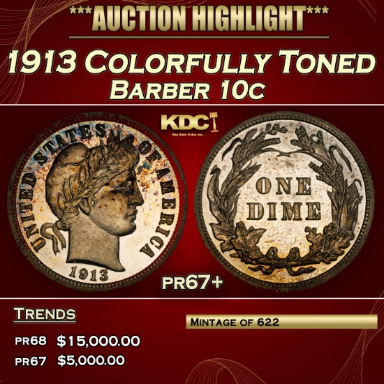 1913 Proof Barber Dime Colorfully Toned  10c pr67+ SEGS