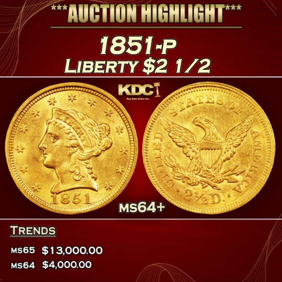 1851-p Gold Liberty Quarter Eagle $2 1/2 ms64+ SEGS
