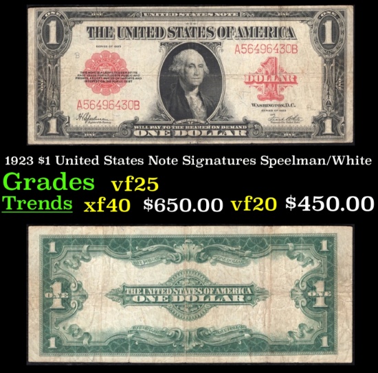 1923 $1 United States Note Grades vf+ Signatures Speelman/White