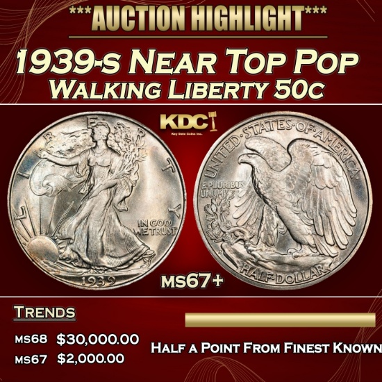 1939-s Walking Liberty Half Dollar Near Top Pop 50c ms67+ SEGS