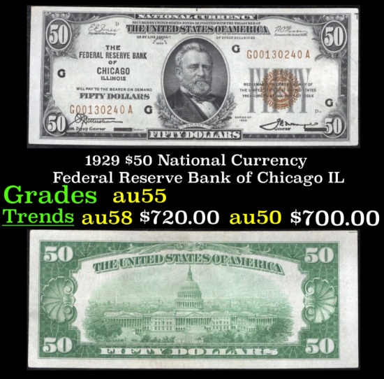 1929 $50 National Currency Federal Reserve Bank of Chicago Grades Choice AU