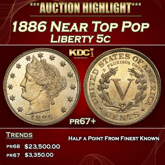 1886 Proof Liberty Nickel Near Top Pop 5c pr67+ SEGS