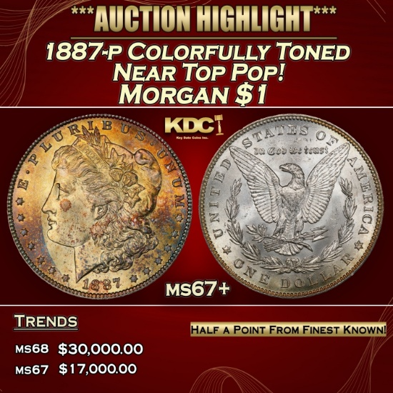 1887-p Morgan Dollar Colorfully Toned Near Top Pop! $1 ms67+ SEGS