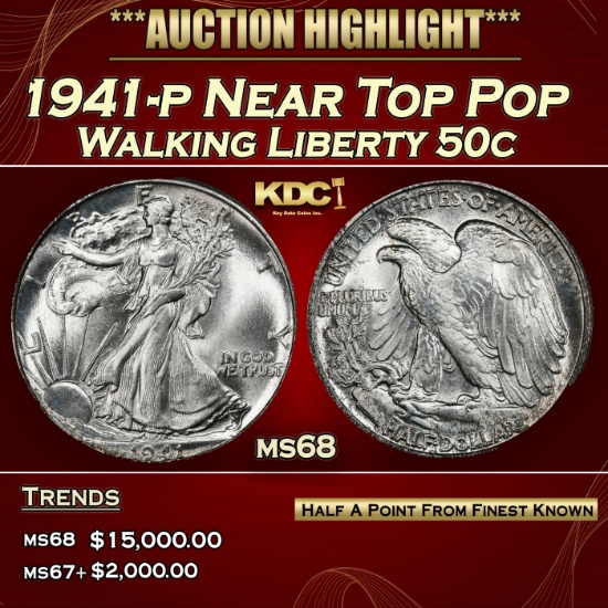 1941-p Walking Liberty Half Dollar Near Top Pop 50c ms68 SEGS