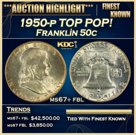 1950-p Franklin Half Dollar TOP POP! 50c ms67+ fbl SEGS