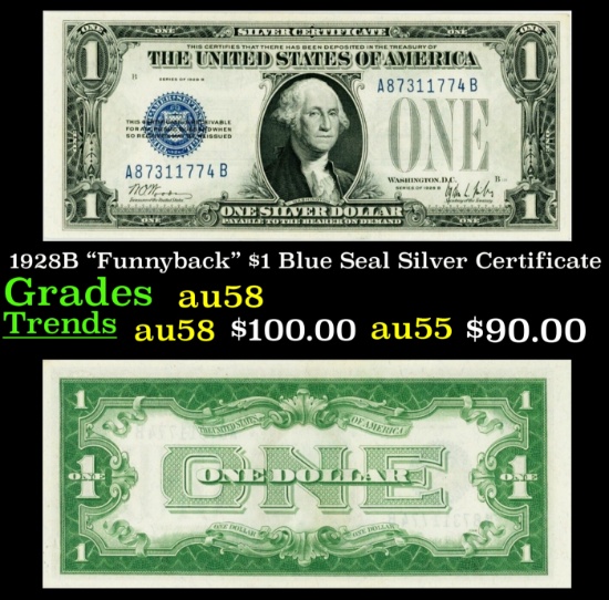 1928B $1 Blue Seal Silver Certificate "Funnyback" Grades Choice AU/BU Slider