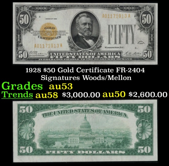 1928 $50 Gold Certificate FR-2404 Signatures Woods/Mellon Grades Select AU