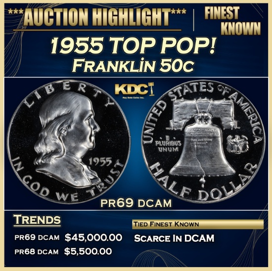 1955 Proof Franklin Half Dollar TOP POP! 50c pr69 dcam SEGS