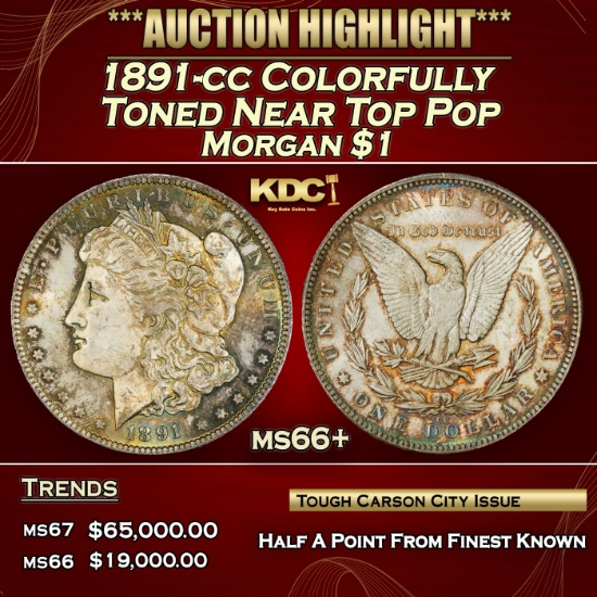 1891-cc Morgan Dollar Colorfully Toned Near Top Pop $1 ms66+ SEGS