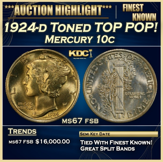1924-d Mercury Dime Toned TOP POP! 10c ms67 fsb SEGS