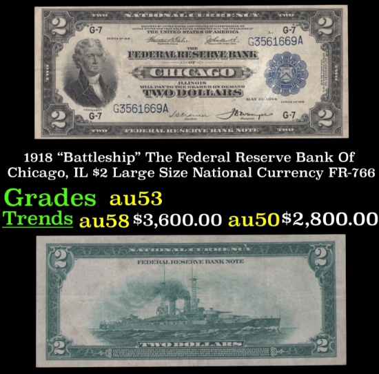 1918 $2 Large Size National Currency "Battleship" The Federal Reserve Bank Of Chicago, IL Grades Sel