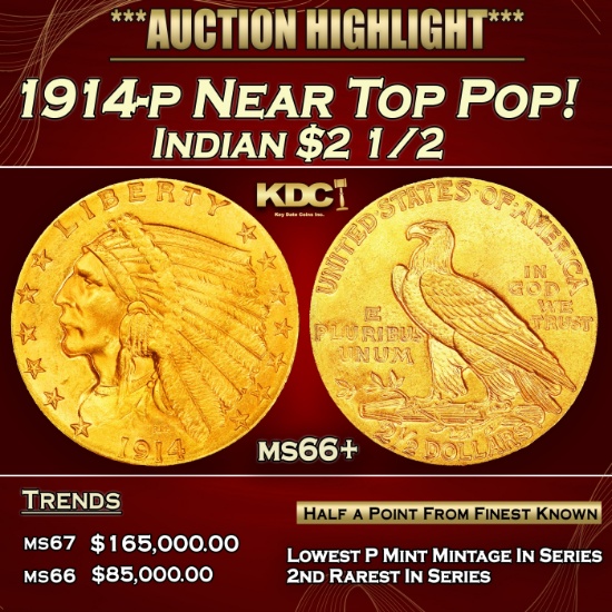 1914-p Gold Indian Quarter Eagle Near Top Pop! $2 1/2 GEM++ Unc USCG